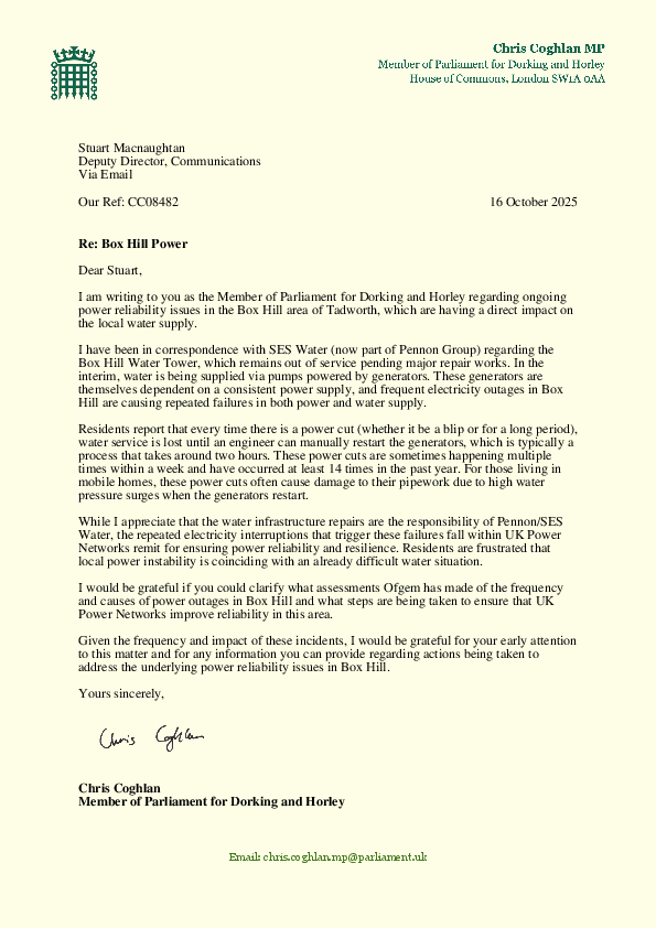 Box Hill OFGEM letter