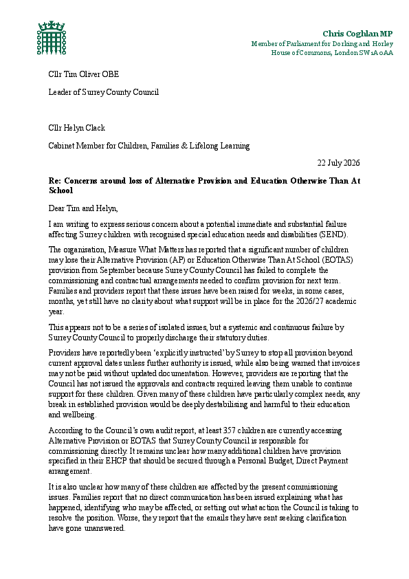 Letter to Surrey County Council