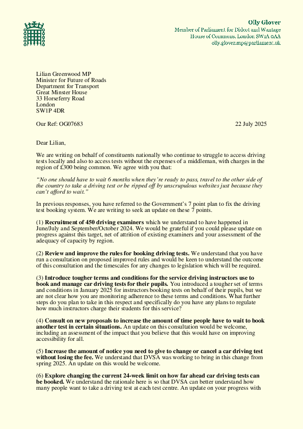 Driving tests letter